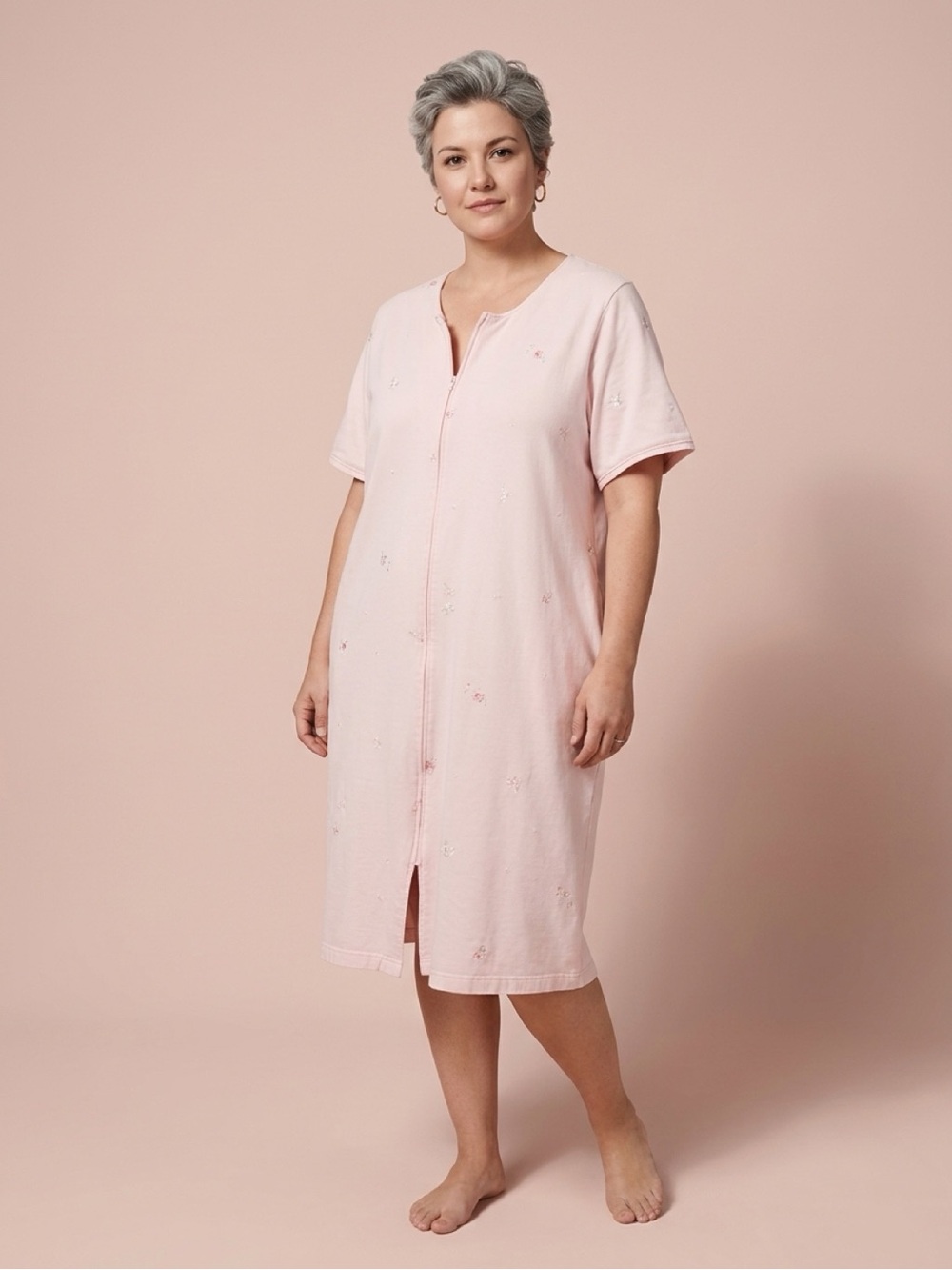 Fundamental Women - Front-Zip Short Sleeve House Coat in Soft Comfy Pink.